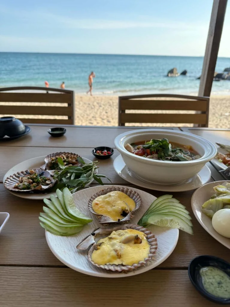 Fresh seafood served with an ocean view at Kim Anh Restaurant, Ca Na